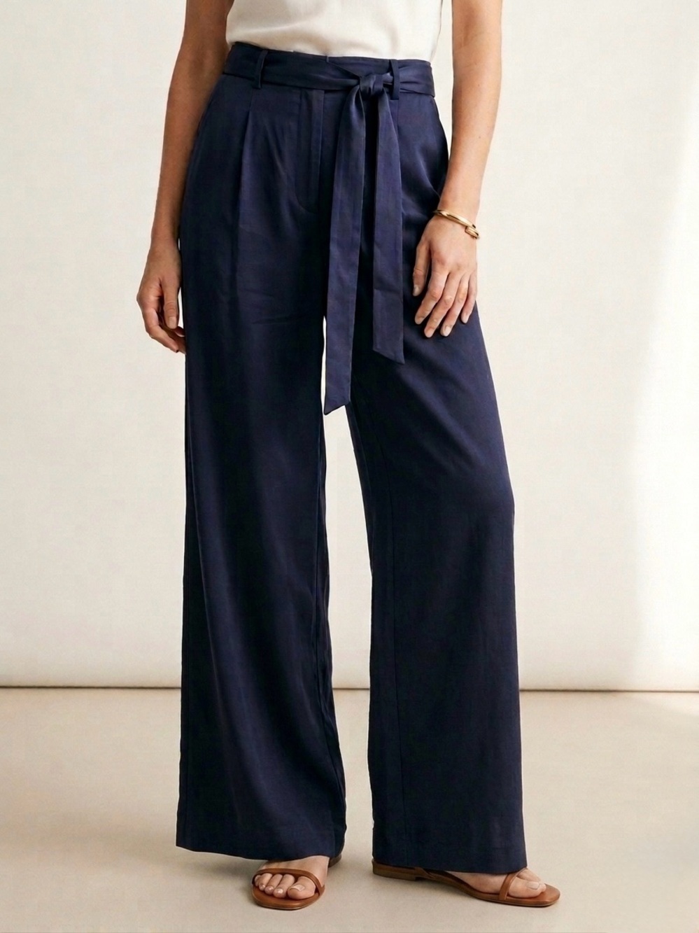 New FRNCH Wide Leg Belted Trouser Pants Size Small Navy Blue